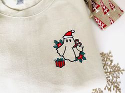 embroidered christmas ghost sweatshirt, ghost with present, funny embroidered crewneck, embroidery xmas gift for her, wi
