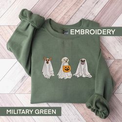 embroidered ghost dogs halloween sweatshirt, halloween ghost unisex crewneck, dog lovers gift, cute halloween apparel, r