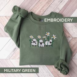 embroidered sheep with daisy sweatshirt, sheep sweater, animal lover gift, womens crewneck sweatshirt, daisy crewneck, f
