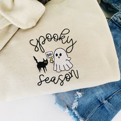 embroidered spooky season sweatshirt, fall sweatshirt, ghost crewneck, cat lovers halloween sweatshirt, funny halloween,