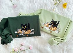 embroidered cat play pillow sweatshirt  cute cat embroidered hoodie  embroidery cat t-shirt  embroidered cute cat crew n