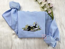 embroidered cute cat lying on book with flower sweatshirt  flower with cat embroidered hoodie  book lover t-shirt  crew