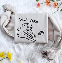 embroidered funny frog self care sweatshirt  funny retro embroidered hoodie  embroidery cottagecore t-shirt  funny crew