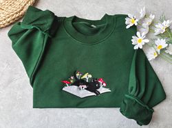 cute black cat and books embroidered sweatshirt,embroidered mushroom crewneck,mushroom decor, gift for cat lover,sweatsh