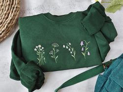 cute wildflowers embroidered crewneck-dark green daisy sweatshirt-floral embroidered sweatshirt-gifts for her,gifts for