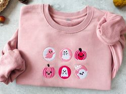 halloween cookies boo embroidered sweatshirt, pink spooky season crewneck sweatshirt, ghost and pumpkin embroidered,hall