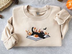 halloween sweatshirt, fall sweatshirt, embroideredhalloween cat shirt,cat sweater,black cat shirt,book crewneck,fall clo
