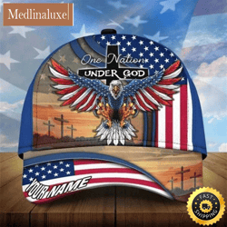 personalized one nation under god jesus and eagle blue all over print baseball cap a great gift for veterans day