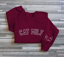 cat milf embroidered sweatshirt, embroidered cat milk gift, cat milk shirt with cat names and cat ears on sleeve, dog mi