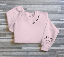 custom cst mom embroidered sweatshirt, custom mama shirt with pet names, cat mom on neckline, cat ears on sleeve, mother