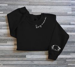 custom dog mom embroidered sweatshirt, custom mama shirt with pet names, dog mom on neckline, dog ears on sleeve, mother