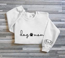 dog mom embroidered sweatshirt, embroidered dog mom gift, dog mom shirt with dog names and dog ears on sleeve, dog mom s