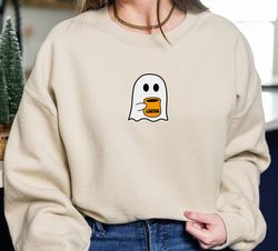 embroidered fall ghost coffee pumpkin sweatshirt, halloween coffee sweatshirt, halloween sweatshirt, halloween crewneck,