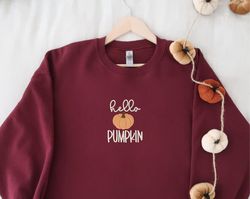 embroidered hello pumpkin sweatshirts and hoodies  halloween season crewnecks  spooky season  fall embroidery sweatshirt