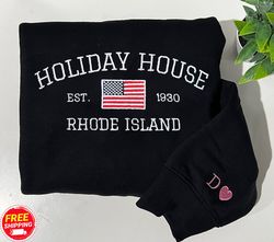 custom embroidered sweatshirt, holiday house embroidered sweatshirt with initials on sleeve, y2k style embroidered sweat