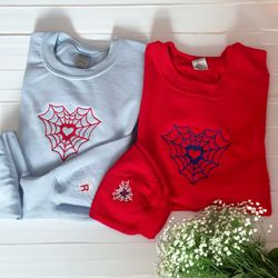 embroidered heart spider sweatshirt, matching valentines day embroidered crewneck, couples shirt, valentines gifts for b