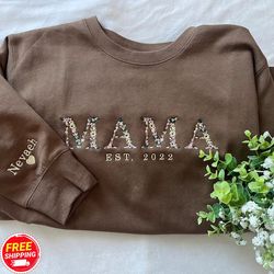 mama embroidered sweatshirt, customizable est mama floral embroidered sweatshirt with flower letter, name heart on sleev