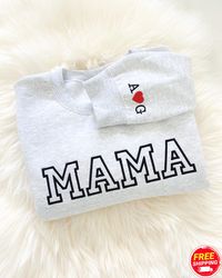 personalized mama embroidered sweatshirt, custom mama embroidered sweatshirt with initials heart on sleeve, best gift fo