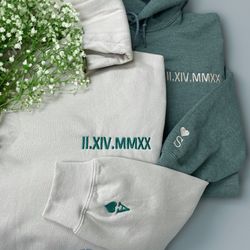 personalized roman numeral hoodie, custom embroidered date and initial crewneck, valentine gift