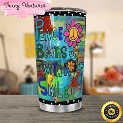 hippie peace flower art stainless steel cup tumbler