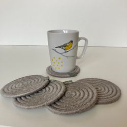 set of 5 coasters, jute mug stand, diameter 3.5''