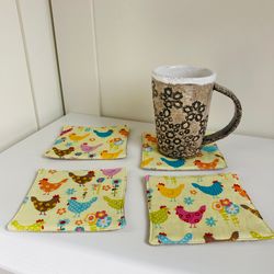 coasters with chickens set of 4 linen-cotton coasters 4.5'' x 4.5''