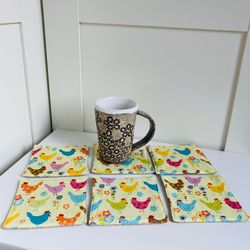 coasters with chickens set of 6 linen-cotton coasters 4.5'' x 4.5''