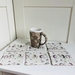 coasters with hedgehogs set of 6 linen-cotton coasters 4.5'' x 4.5''