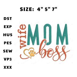 wife mom boss embroidery files, mother day machine embroidery designs, vintage mom embroidery designs, retro mama files