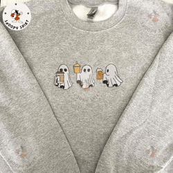 little ghost ice coffee embroidery machine shirt, cute ghost embroidery machine shirt, halloween spooky vibes embroidery