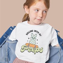 retro rolling with my peeps shirt, rolling with my peeps shirt, cute kids easter bunny shirt, funny easter rabbit shirt,