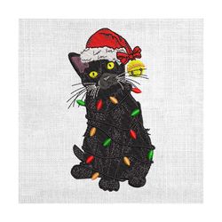 black cat christmas light santa hat embroidery design