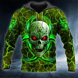 biohazard symbol green flame skull 3d hoodie, all over print hoodie unisex