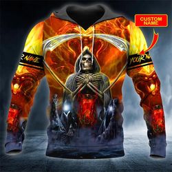 grim reaper on fire skull custom 3d hoodie, all over print hoodie unisex