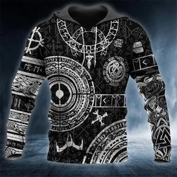 black white norse runes viking tattoo 3d hoodie, all over print hoodie unisex