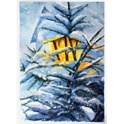 winter snowy evening landscape watercolor