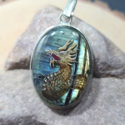 gold dragon pendant laquer miniature labradorite