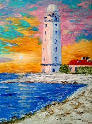 lighthouse sunset seascape original art bright oil painting with lighthouse