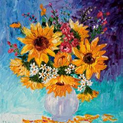 sunflowers yellow bouquet original art floral oil painting wall decor