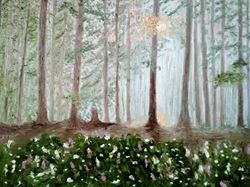 morning forest original oil painting trees and flowers art sunrise