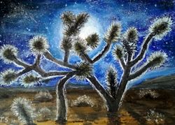 joshua trees in the moonlight night landscape original oil painting wall decor