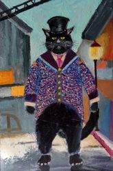 boss cat painting original art animal oil painting funny painting wall decor black cat in a top hat