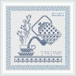 blackwork kitchen tea teapot cup birds silhouette ornament monochrome kettle blue red counted cross stitch pattern pdf