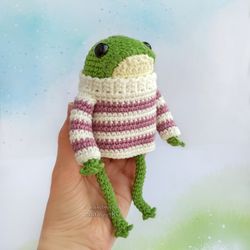 handmade soft flexible toy frog, crochet green froggie in striped sweater, froggy lover gift.