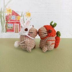 handmade capybara toy in costume, capybara carrot, capybara bunny, crocheted small capybara, kawaii.