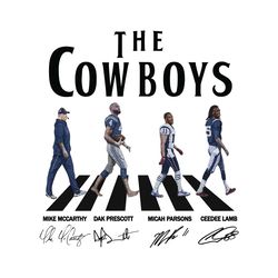 cowboys walking abbey road signatures png, mike mccarthy, dak prescott, micah parsons, nfl svg, super bowl svg, nfl tea