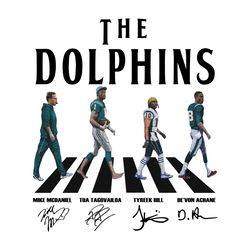 dolphins walking abbey road signatures png, mike mcdaniel, tua tagovailoa, tyreek hill, nfl svg, super bowl svg, nfl tea