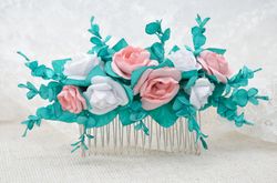 white and pink roses and turquoise greenery hair comb