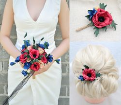 set navy blue, burgundy, beige wedding bouquet, hair pin and boutonniere.