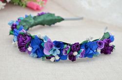 blue and purple bridal headband. wedding headband, bride to be flower crown. floral headpiece.